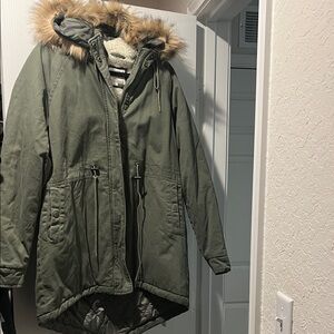Aeropostale Olive Utility Jacket with Faux Fur Trim